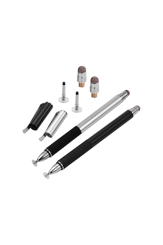 Vkemall Metal Kapasitif Kalemler Seti 2 Adet - Nano Konduktif Fiber Uç + Sünger Disk, Fırça Ucu, Kalem Klipsi, Siyah/gümüş Renk Seçeneği 2 Adet Değiştirme Ucu