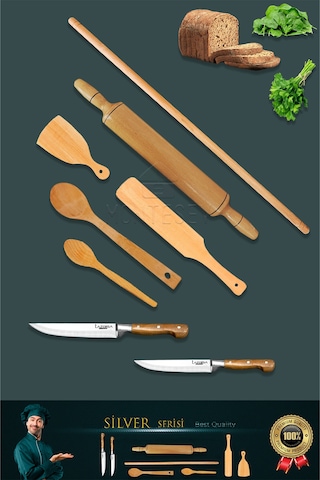 Silver Serisi Ahşap Hamur Açma Oklava Merdane Lazbisa Bıçak 8 Li