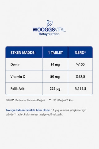 Demir Bisglisinat 14 Mg, C Vitamini 50 Mg Ve Folik Asit 333 Mg 120 Tablet Takviye Edici Gıda