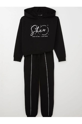 Kız Çocuk Kapüşonlu She Is Me Yazılı Eşofman Takım-15365 Siyah