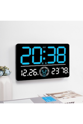 6667 Led Dijital Duvar Saati Oturma Odası Modern Minimalist Elektronik Saat Sıcaklık/nem Göstergeli - Mavi Mavi