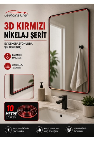 3d Kırmızı Nikelaj Şerit 10 Metre Ev Dekoratif Kenar Çıtası