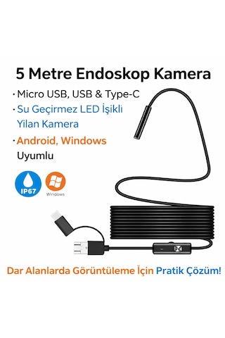 5 Metre Endoskop Kamera Su Geçirmez Led Işıklı Boroskop Yılan Kamera Android Uyumlu Micro+usb+type-c