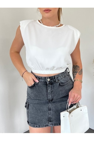 Omuzları Vatkalı Beli Lastikli Bluz -beyaz Karışık