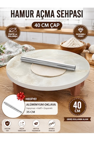 40 Cm Çap - Oklava Hediyeli Mermer Desenli Ahşap Yer Sofrası Hamur Açma Sehpası Tahtası Oyun Masası Pasta Sunumluğu - 10 Cm Yükseklik Beyaz Mermer