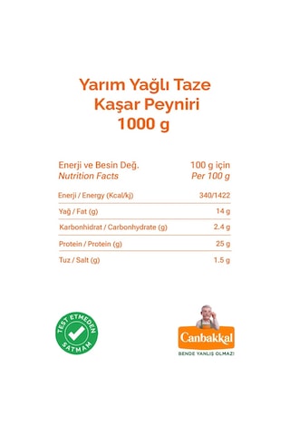 Canbakkal Yarım Yağlı Taze Kaşar Peyniri Kahvaltılık Peynir 1 KG