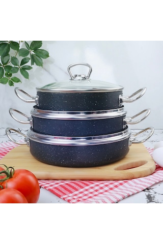 Meşeler Granit Omlet Sahan Seti 3 Lü Seti Siyah - İnox 18  x 20 x 22 CM