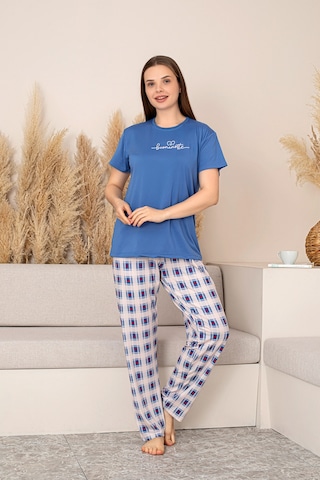 Nisanca Slim Fit Desenli Kısa Kol Mevsimlik Kadın Pijama Takımı mavi
