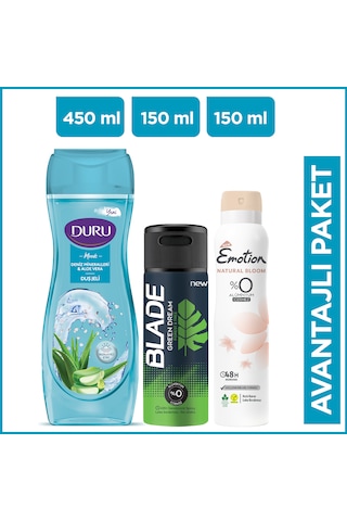 Duru Moods Deniz Mineralleri & Aloe Vera Duş Jeli 450 ML + Blade Green Dream Erkek Sprey Deodorant 150 ML + Emotion Natural Bloom Kadın Sprey Deodorant 150 ML
