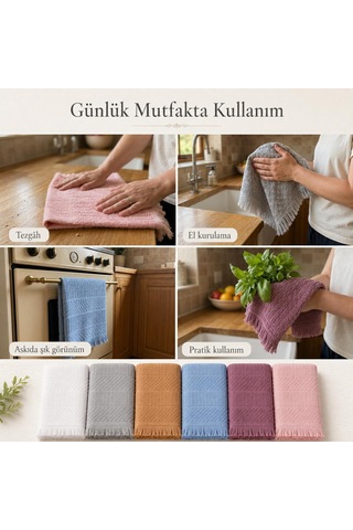 Sogud Valmia 6'lı Mutfak Havlusu Seti -%100 Pamuk Püsküllü Geomet Çok Renkli