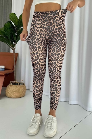 Mine Tan Butik Leopar Desen İçi Şardonlu Kadın Toparlayıcı Tayt - Bej Bej