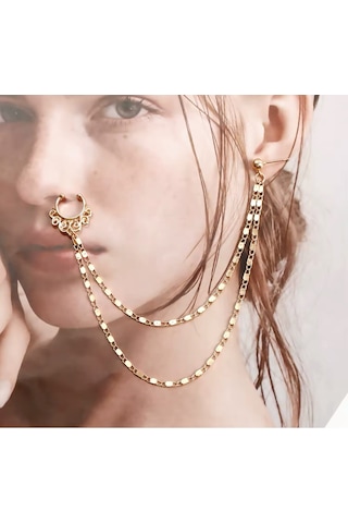 Girift Vintage Gold Zincir Detaylı Kulak Ve Burun Zinciri - Hint Hızması Gold