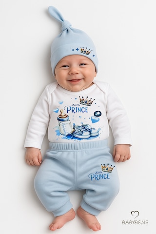 Babyden's Little Prince 3 Lü Erkek Bebek Takımı Uzun Kollu %100 Pamuk Body, Pantolon Ve Şapka Seti Mavi Açık Mavi