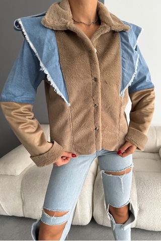 Femelle Kadın Bej İçi Süet Denim Kot Detaylı Çıtçıt Düğmeli Mont
