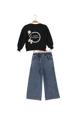 Erdem Kıds Kız Çocuk Bayramlık Günlük - Casual Geniş-bol Paça Palazzo Kot Pantolon-sweatshirt İkili Takım Siyah - Mavi Siyah - Mavi
