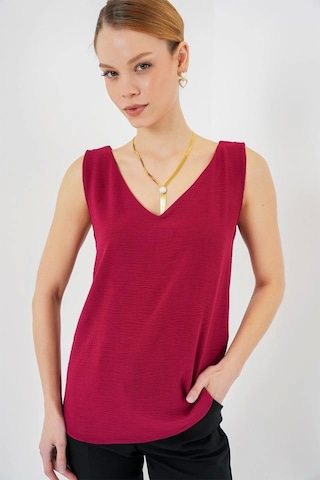 Defymoda V Yaka Sıfır Kol Bluz 950 - Bordo Bordo