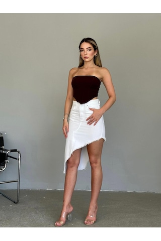 Shevega Kadın Beyaz Etek Püskül Asimetrik Kesim Keten Etek Beyaz