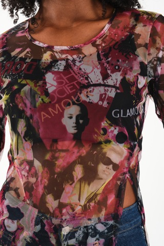 Yırtmaç Detaylı Tül Bluz Pembe