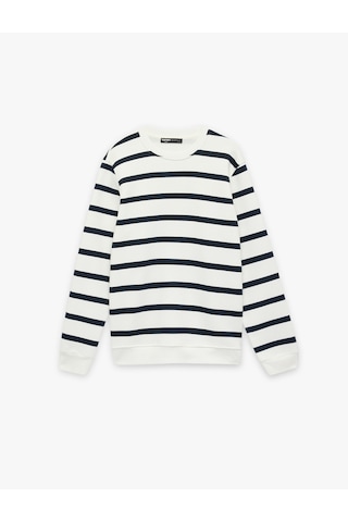 Koton Üç İplik Şardonlu Regular Fit Bisiklet Yaka Uzun Kollu Çizgili Sweatshirt Lacivert Çizgili 7wam70045mk