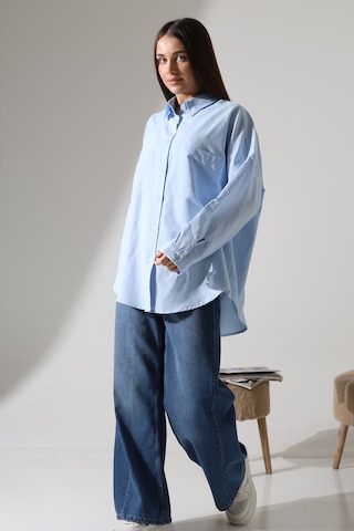 Yeni Sezon Poplin Kumaş Çift Cepli Oversize Pamuklu Kadın Tunik Gömlek Mavi