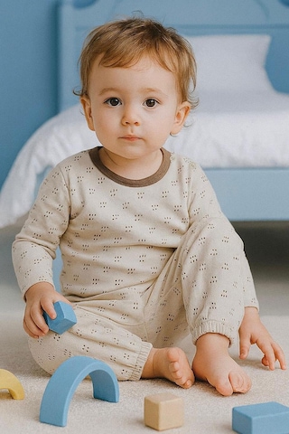 Breeze Erkek Bebek Pijama Takımı Desenli Beli Lastikli 9 Ay-3 Yaş, Bej Bej