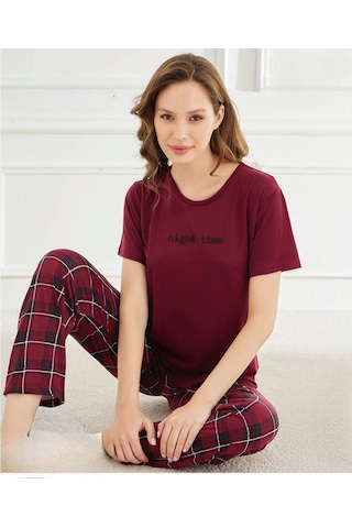 Mihra Kadın Bisiklet Yaka Milan Likralı Kısa Kol Pijama Takımı 50107bb - 1 Adet Bordo