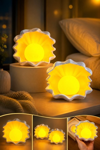 Deniz Kabuğu Led Gece Lambası 2'li Set 2 Led Mum Hediyeli Dekoratif Ortam Aydınlatması Beyaz