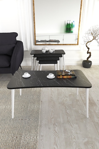 Milas 5li Orta Sehpa Ve Zigon Sehpa Siyah Mermer Ahşap Ayaklı