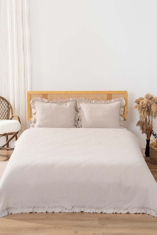 Marta Bej Çift Kişilik Jakarlı Yatak Örtüsü Takımı 3 Parça Uyku Seti Bej