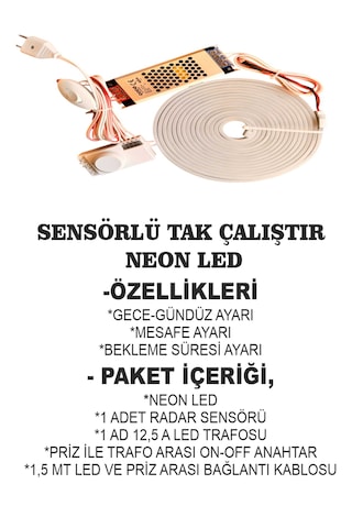 12 V Neon Led Mutfak Dolabı 360 Derece Hareket Algılama Sensörlü Gecegündüz Ayarlı Neon Led 1 Mt Gün Işığı
