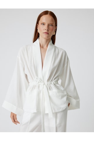 Koton Oversize Kimono Kuşaklı Geniş Uzun Kollu Cepli Beyaz 4sak50144pw Beyaz