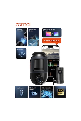 70mai Dash Cam X800 Ön Kamera+rc14 Arka Kamera Siyah 128gb