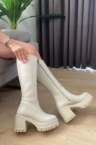Preshley Kadın Oslo Krem Cilt 8 Cm Topuklu Yandan Fermuarlı Çizme-krem Cilt Krem