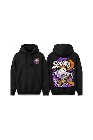 Gıovera Spooky Premium Erkek Oversize Kapüşonlu Sweatshirt %100 Pamuk Hayalet Baskılı Siyah