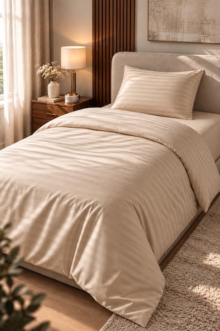 Premium Çizgili Pamuk Saten Tek Kişilik Nevresim Takımı Yastık Kılıfı Çarşaf Dahil Bej