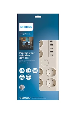 Phılıps Spn7060wa/62, 6 Soket, Akım Korumalı Priz, 900 Joules, 2mt Kablo, 1xusb-c 15w Şarj, 4xusb-a 20w, Beyaz 0