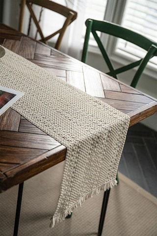 Vivamaison Ham Pamuk Örme Dantel Püsküllü Runner Masa Örtüsü Krem