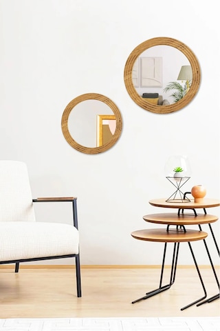 Antik 2 Li Dekoratif Ayna Seti Yuvarlak Banyo Duvar Aynası 56-43 Açık Kahverengi