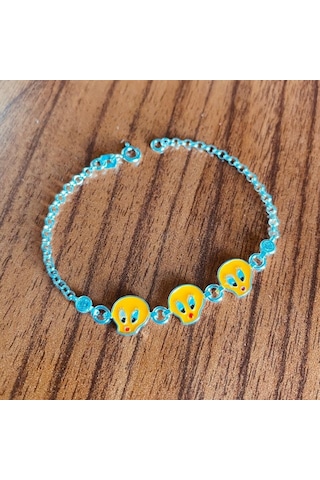 Sarı Kuş Taşlı Çocuk Gümüş Bileklik Bebek Künyesi Csb14