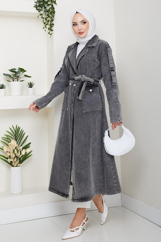 Hb Harma Time Butik Kadın Cepli Kuşaklı Denim Koyu Gri Trençkot