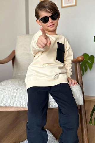 Riccotarz Erkek Çocuk Kapak Cepli Bisiklet Yaka Sweatshirt Krem Eşofman Takım