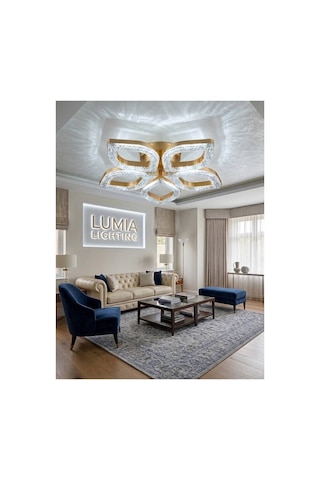 Lumia Lighting Yonca Model Gold Kumandalı 4"lü Ledli 3 Renk Modu Kristal Salon Mutfak Yatak Çocuk Odası Avize