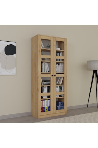 Lucas Cam Kapaklı Vitrin - Büfe - Kitaplık Ve Çok Amaçlı Dolap Ayarlanabilir Raf Ceviz - Meşe Safir Meşe