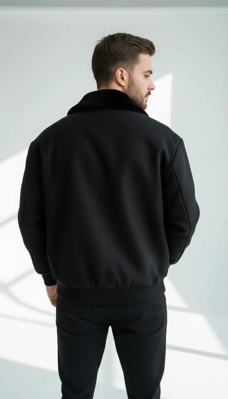 Erkek Kaşe Mont Kürklü Yaka Astarlı Fermuarlı Kışlık Ceket Plus Scorpion Siyah