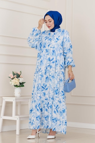 Sevitli Kuşaklı Çiçekli Lina Elbise-mavi-5260 Mavi