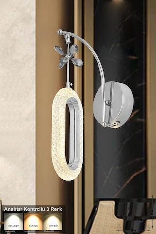 Sessi Power Ledli Modern Lüks Duvar Aplik, 3 Renk: Sarı-beyaz-gün Işığı - Krom Krom
