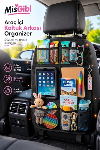 Misgibi Araç İçi Koltuk Arkası Organizer - Tekli Tablet Bölmeli, Çok Cepli Oto İçi Düzenleyici