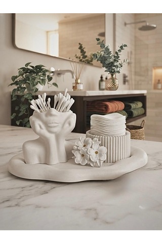 Modern Dekoratif Banyo Seti El Yapımı Vernikli Pamukluk & Kulak Çubuğu Düzenleyici Beyaz