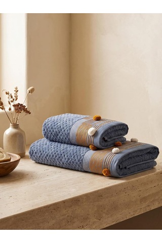 Kod-9832 Pamuk Jakarlı 50x90/70x140 Banyo Havlu Seti 2'li - Indigo