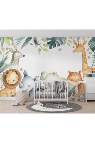 Sevimli Hayvanlar Tropikal Yapraklar Çocuk Odası Duvar Kağıdı